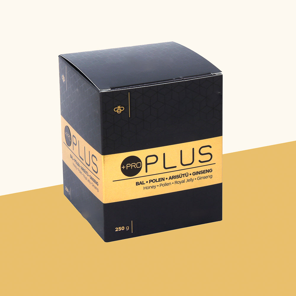 Propolis, bal, polen, arısütü ve ginseng içeren 250 g'lık güçlendirici destek ürünü.
