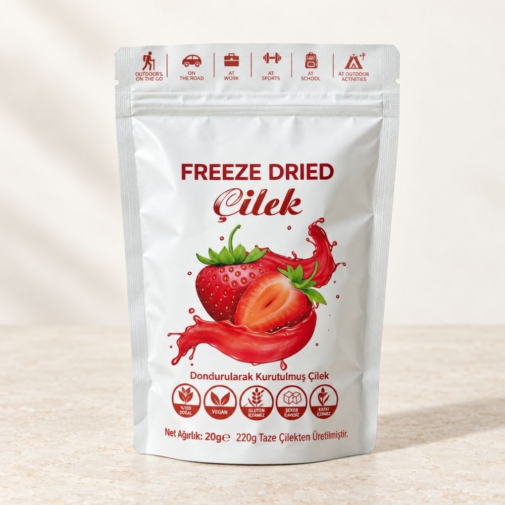 Dondurularak kurutulmuş çilek 20 g freeze dry meyve paketi