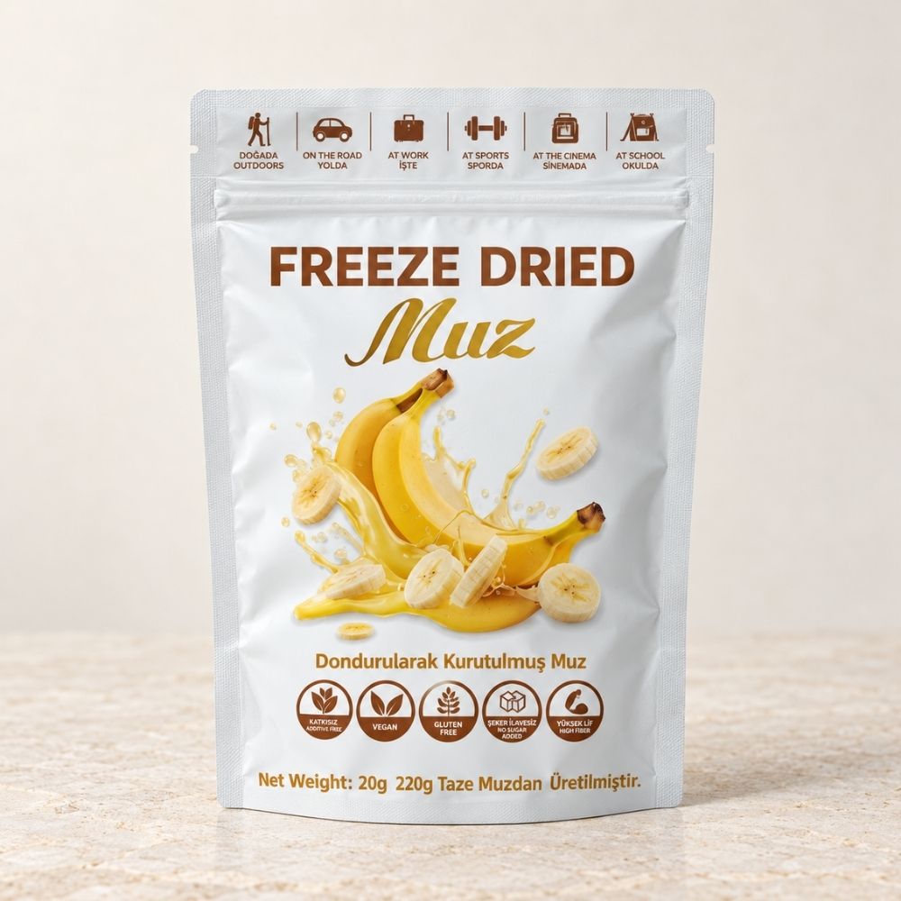 Dondurularak kurutulmuş muz 20 g freeze dry meyve paketi