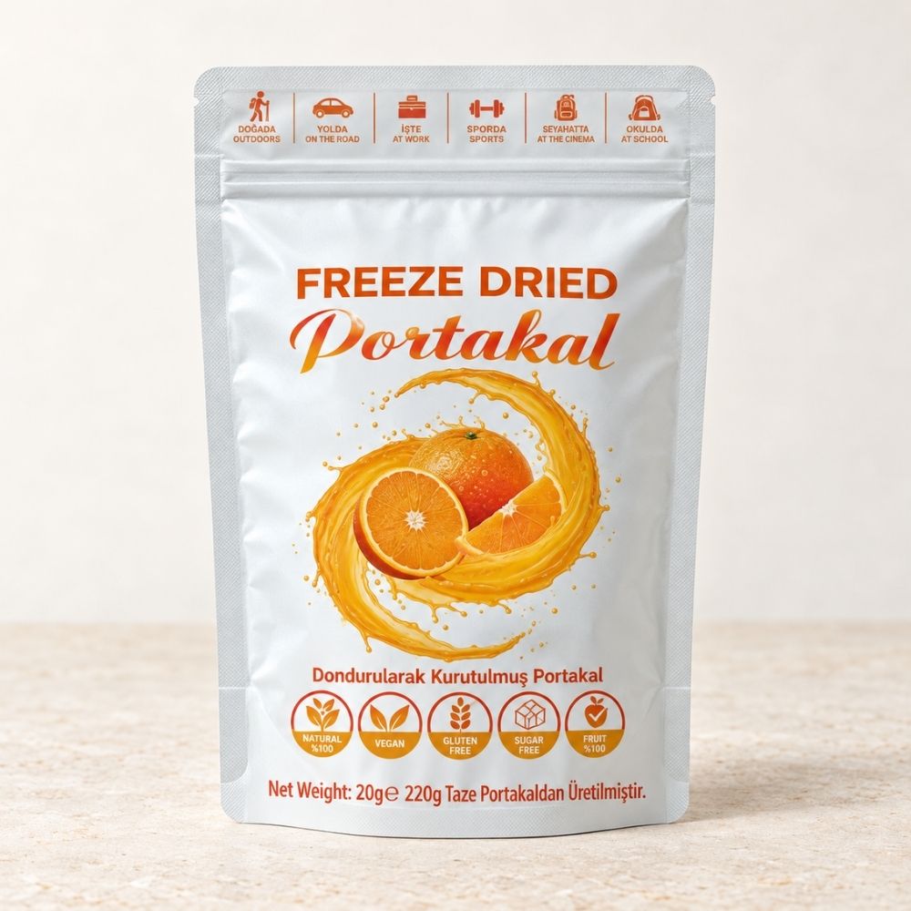 Dondurularak kurutulmuş portakal 20 g freeze dry meyve paketi