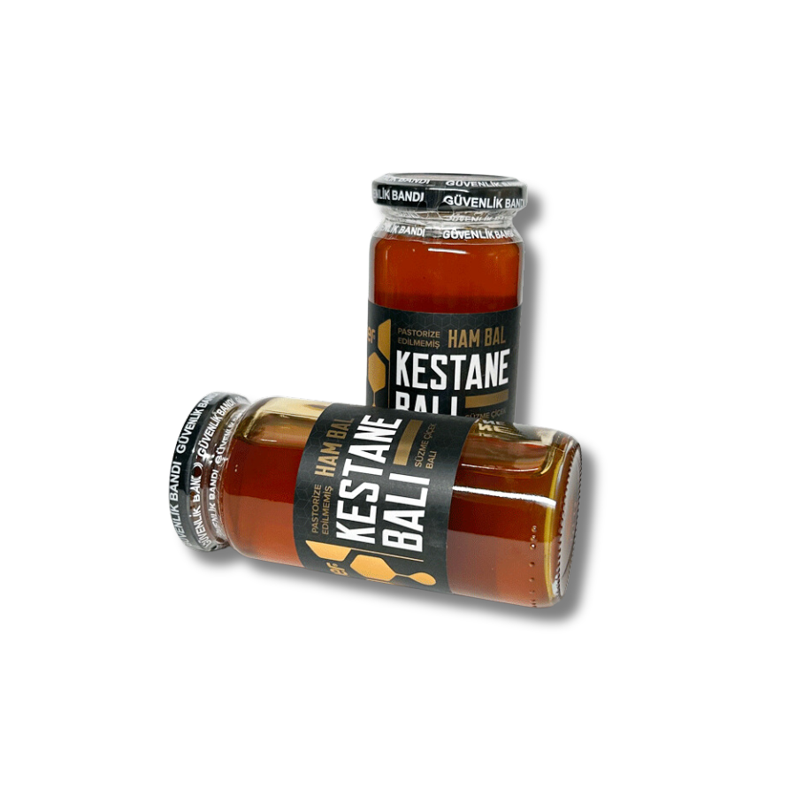 Pastörize edilmemiş, ham kestane balı, güvenlik bandı ile kapatılmış cam kavanoz.