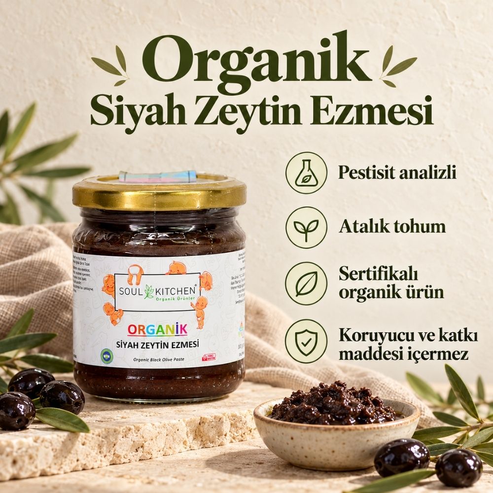 Organik Siyah Zeytin Ezmesi 180 g kavanozu, siyah zeytinler ve zeytin ezmesi kasesiyle
