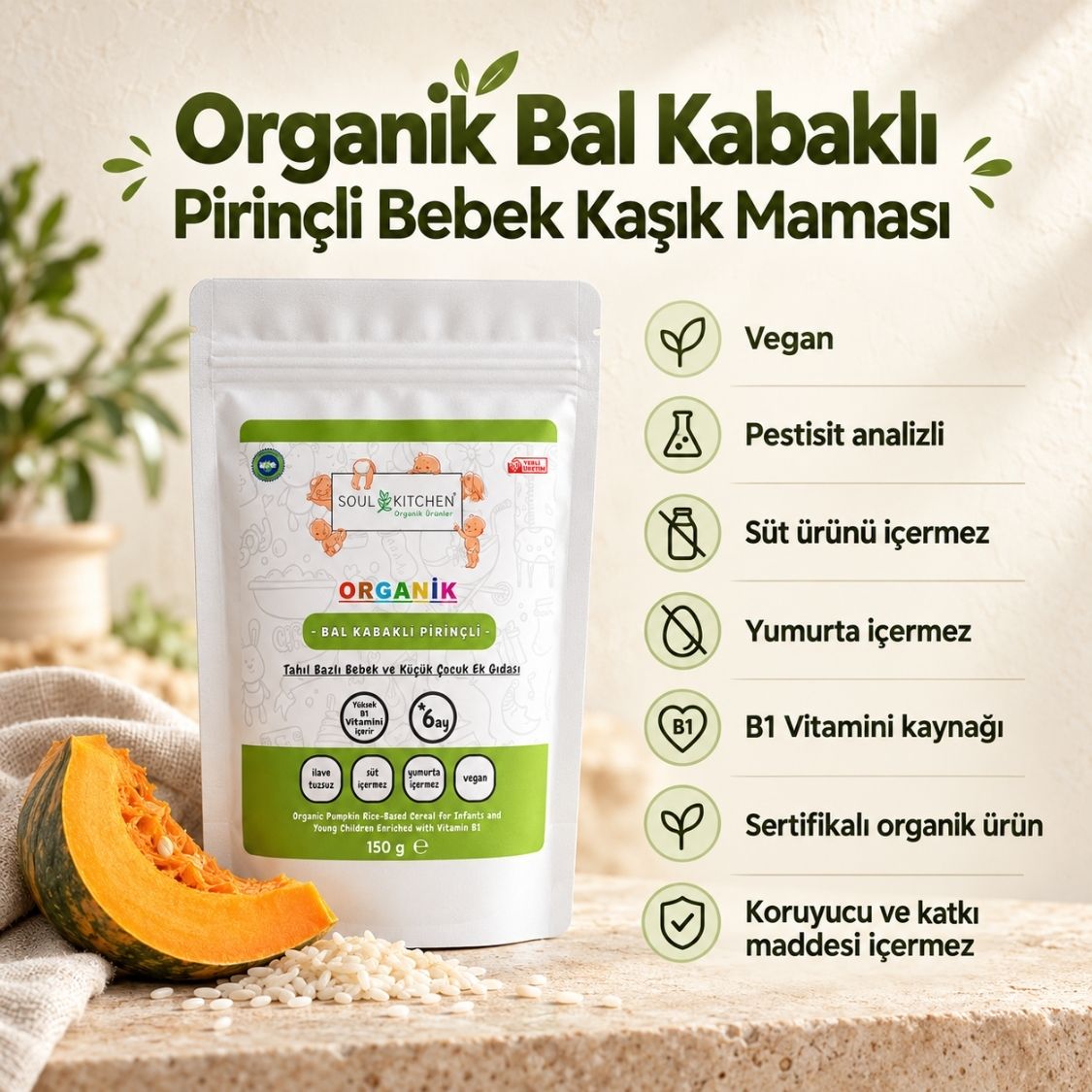 Organik Bal Kabaklı Pirinçli Bebek Kaşık Maması 150 g, bal kabağı ve pirinç detaylı doğal fonda.