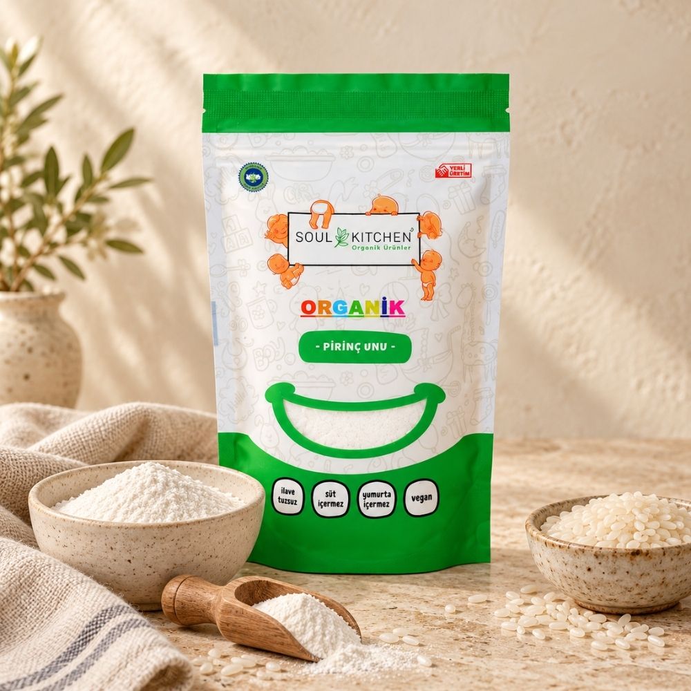 Soul Kitchen Organik Pirinç Unu ambalajı ve ürün özelliklerini gösteren görsel